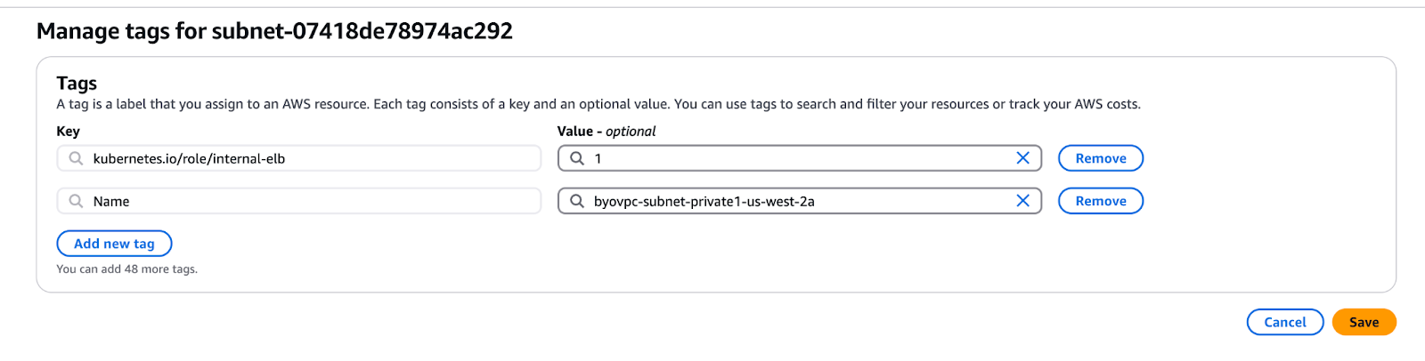 Теги подсети BYOC VPC