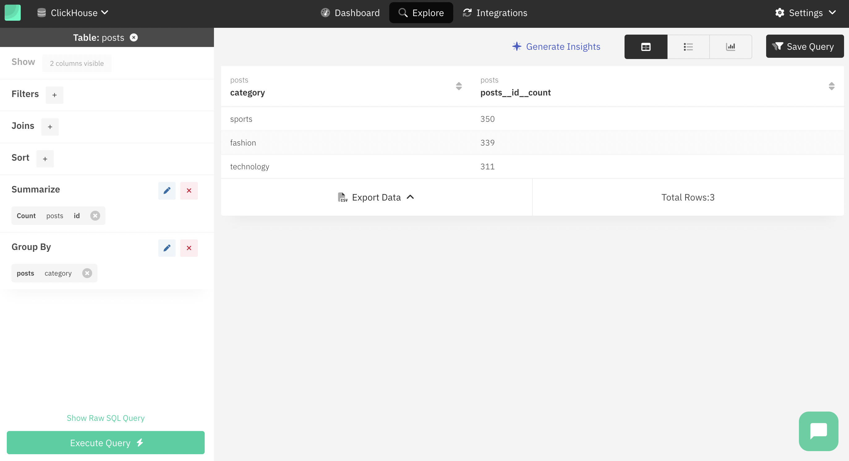 Интерфейс исследования данных Draxlr с параметрами фильтрации и сортир�овки