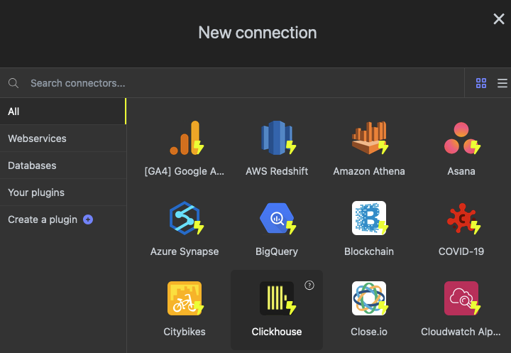 Интерфейс Luzmo с открытым диалоговым окном Create a New Connection и выбранным ClickHouse
